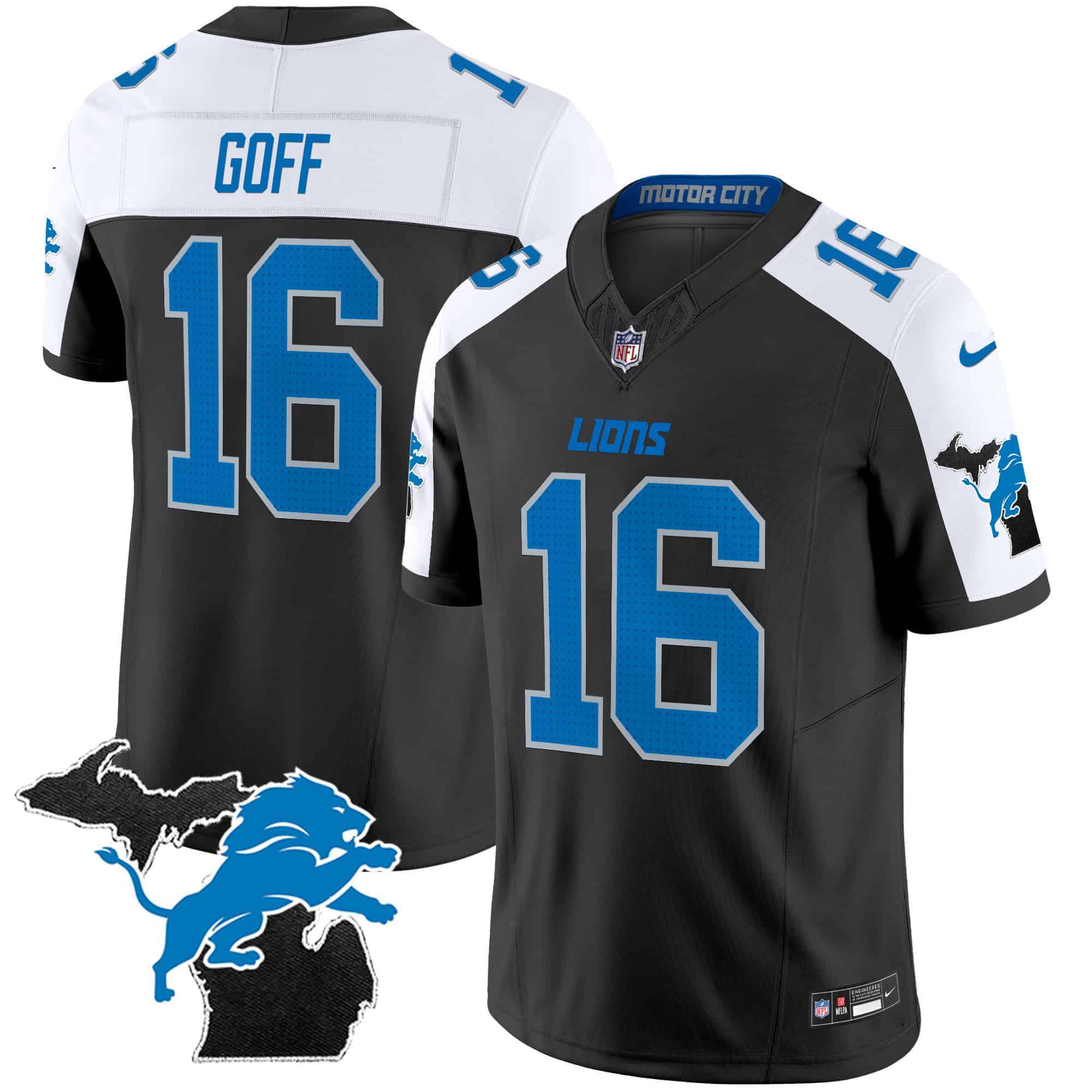 Men Detroit Lions #16 Goff Black 2024 Nike Michigan Patch Vapor Limited NFL Jersey